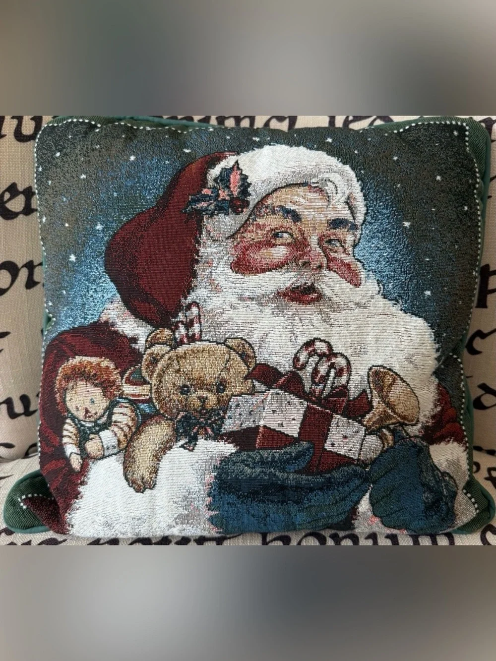 Vintage Tapestry Holiday Santa Pillow with Red and Blue Accents Christmas